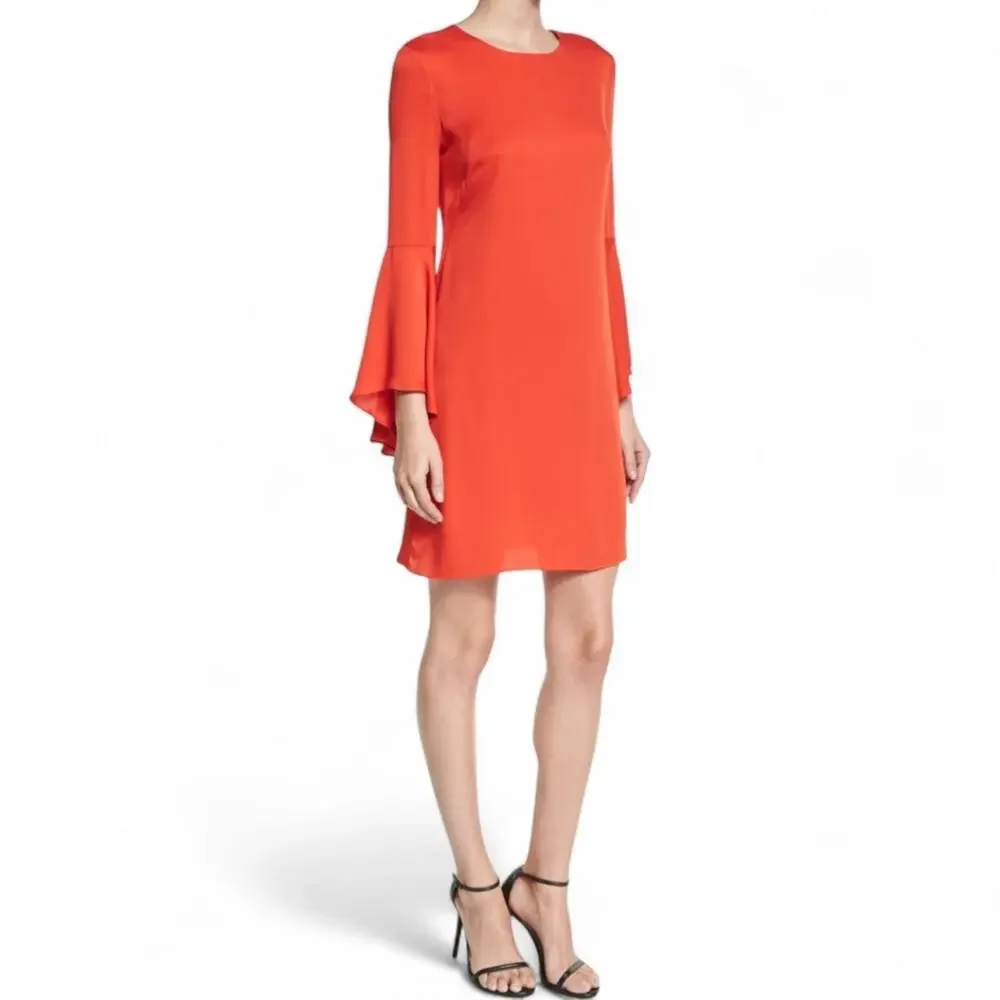 Milly Bell Sleeve Silk Blend Stretch Crepe Midi Shift Dress Flame Orange Size 8